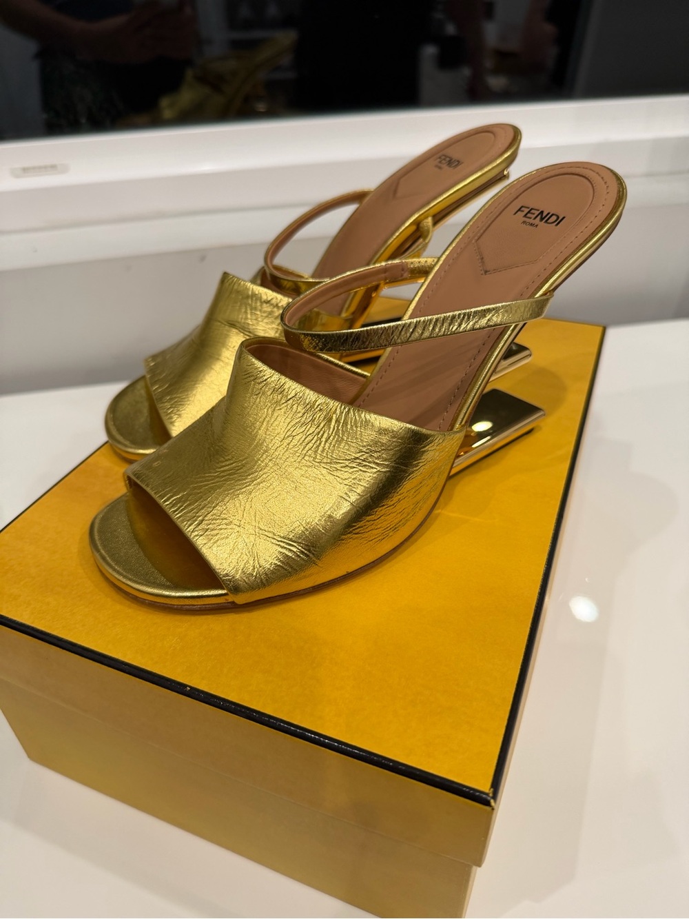 Fendi Metallic Gold Open-Toe Slingback Heels